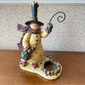 Crazy Mountain Snowman Candle Holder Resin Figurine Primitive Christmas Winter